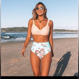 Bikini  high waisted bottoms with rouching at front.